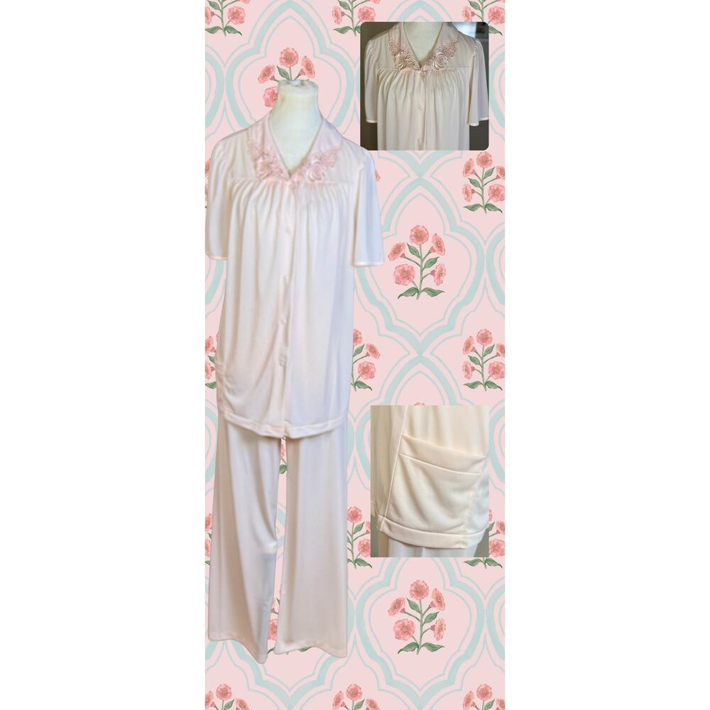 Vintage 70s Shadowline Pink Floral Lace Top Wide leg Pant Pajama Set Size 34/S